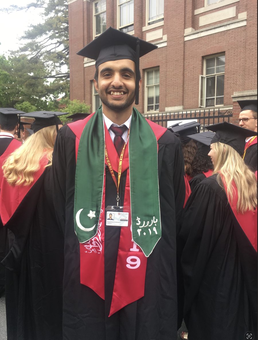Umair at Harvard Commencement wearing a Pakistan-flag stole embroidered with 'Harvard 2019' in Urdu